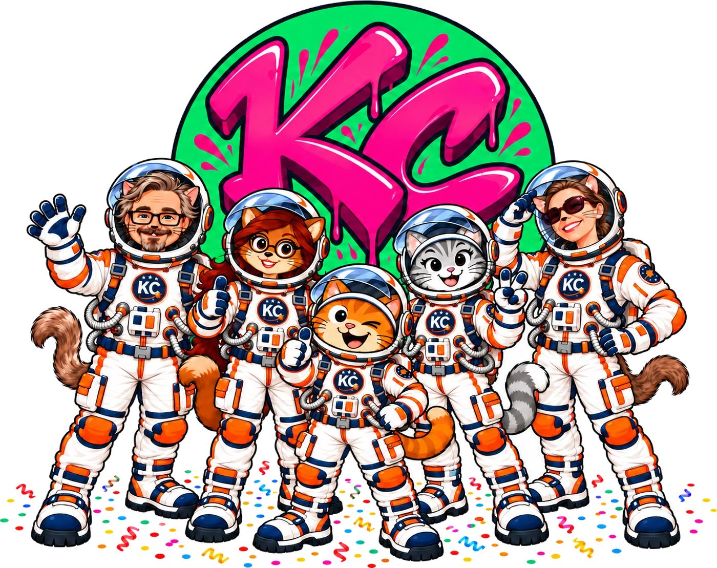 KC Space Crew – Kinky, SinDee, PoshX, DeeNice og VenRod i rumdragter foran et lyserødt graffiti-KC