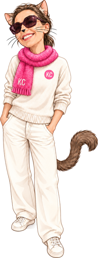 DeeNice from the Klitty Crew – a cat with brown hair, sunglasses and a big smile, in a cream sweater, wide white trousers, white sneakers and a fluffy pink KC scarf, hands in her pockets