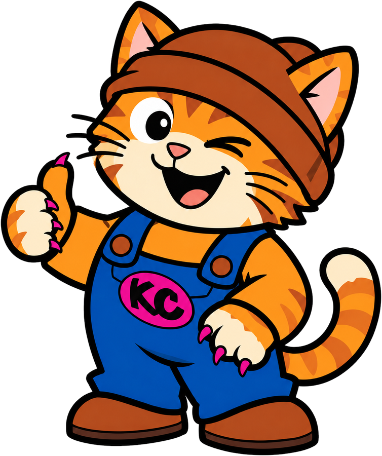 Kinky from the Klitty Crew – a winking orange tabby cat in blue dungarees with a KC badge, giving a thumbs up