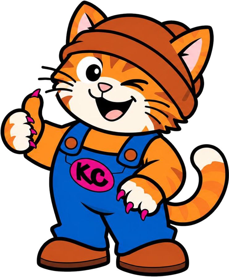 Klitty CrewのKinky――KCバッジ付き青いオーバーオールを着て親指を立てる、ウインク顔のオレンジ茶トラ