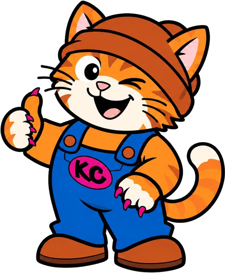 Klitty CrewのKinky――KCバッジ付き青いオーバーオールを着て親指を立てる、ウインク顔のオレンジ茶トラ