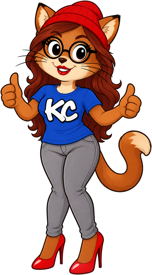 PoshX from the Klitty Crew – a cat with long auburn hair, round glasses, red lipstick, a red beanie, blue KC T-shirt, grey jeans and red heels, giving two thumbs up