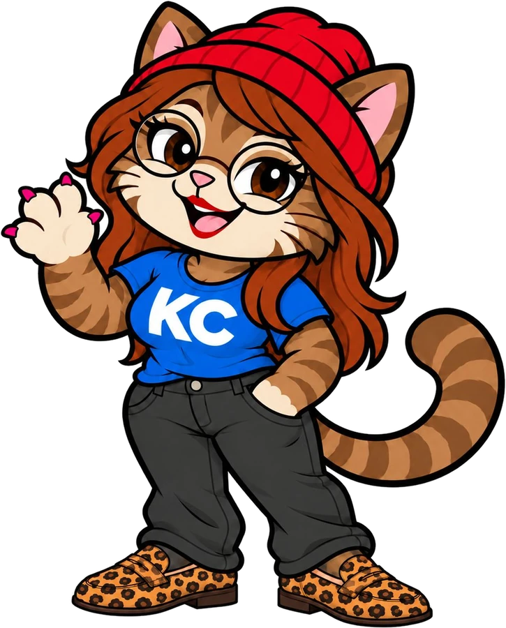 PoshX from the Klitty Crew – 赤茶色の長い髪の、丸メガネ、赤いビーニー、青いKC Tシャツ、ダークジーンズ、レオパード柄のローファー姿で、片手をポケットに入れてもう片方の手であいさつするトラ猫
