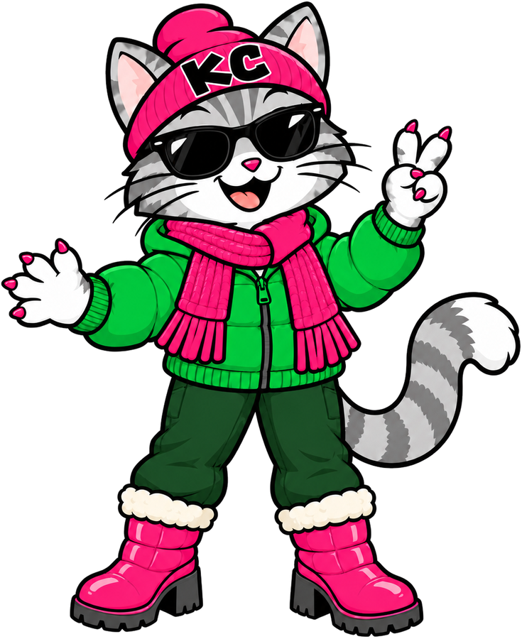 SinDee from the Klitty Crew – a grey tabby cat in a pink KC beanie, sunglasses, green puffer jacket and pink boots, making a peace sign