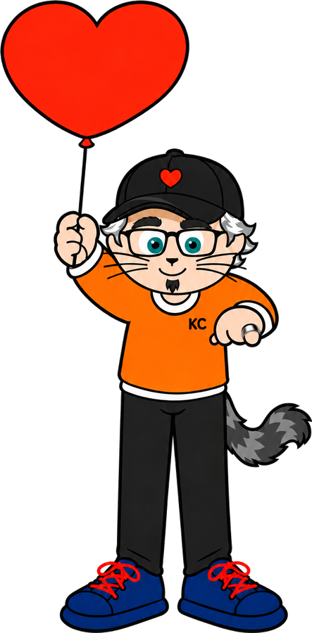 VenRod from the Klitty Crew – a grey-haired cat with glasses and a goatee in a black cap with a red heart, an orange KC sweater, black trousers and blue sneakers, holding a red heart balloon