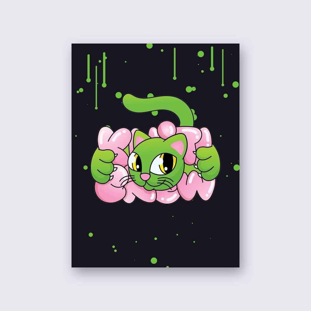 Green Bubble Cat poster on a wall