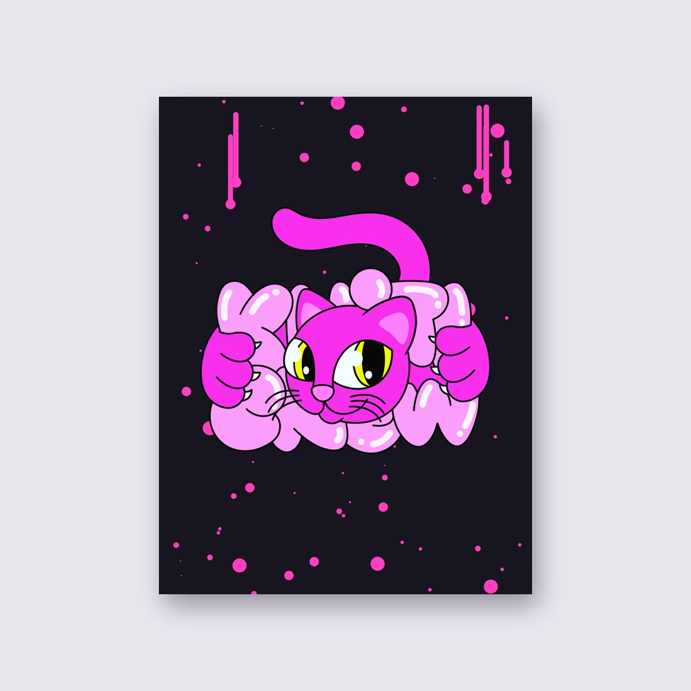 Hot Pink Bubble Cat poster on a wall