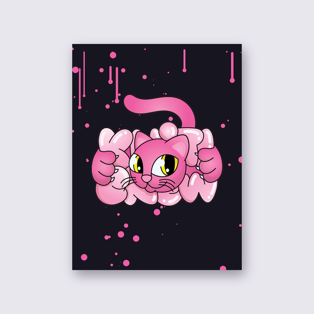 Pink Bubble Cat poster on a wall