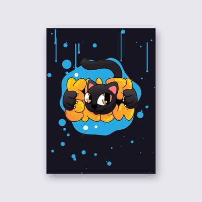 Black Cat Blue Splash street art poster – Black