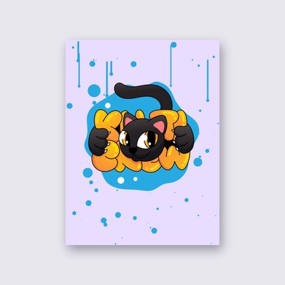Black Cat Blue Splash poster – Lilac background