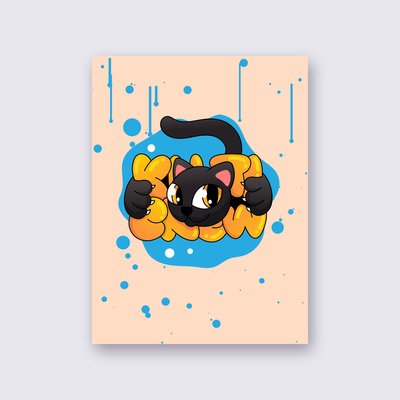 Black Cat Blue Splash poster – Peach background