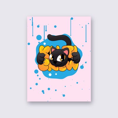 Black Cat Blue Splash street art poster – Pink