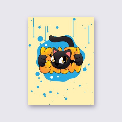 Black Cat Blue Splash street art poster – Yellow