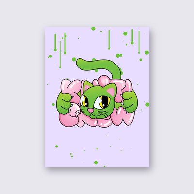 Green Bubble Cat poster – Lilac background