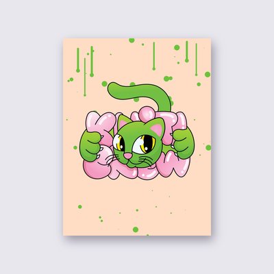 Green Bubble Cat poster – Peach background