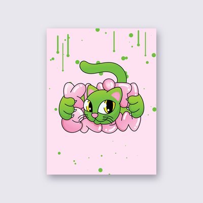 Green Bubble Cat street art poster – Pink