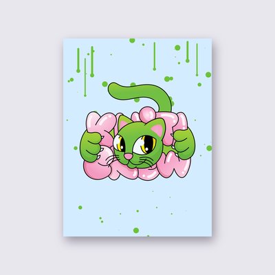 Green Bubble Cat poster – Sky blue background