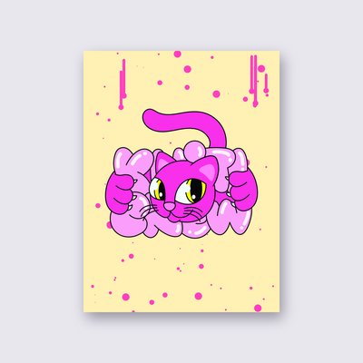 Hot Pink Bubble Cat street art poster – Yellow