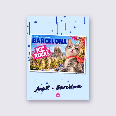 Postcard from Barcelona by AnaR poster – Sky blue background