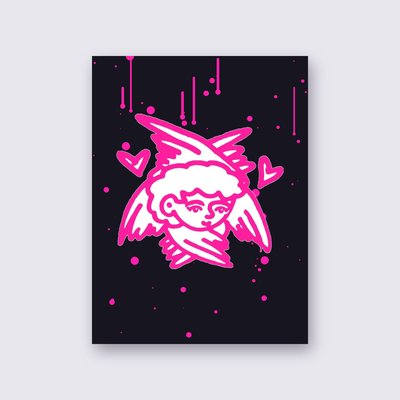 Pink Angel with Hearts street art poster – Black
