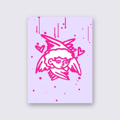 Pink Angel with Hearts poster – Lilac background