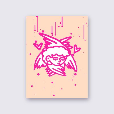 Pink Angel with Hearts poster – Peach background