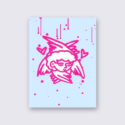 Pink Angel with Hearts poster – Sky blue background