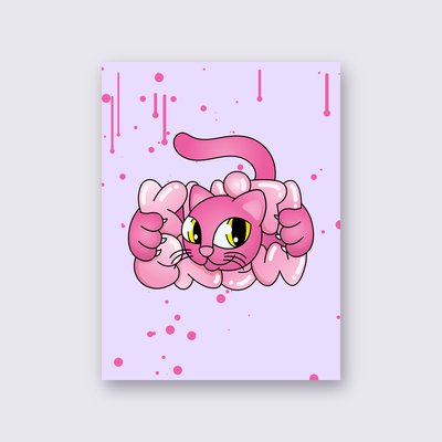 Pink Bubble Cat poster – Lilac background
