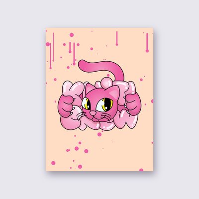 Pink Bubble Cat poster – Peach background