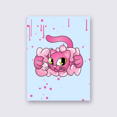 Pink Bubble Cat poster – Sky blue background
