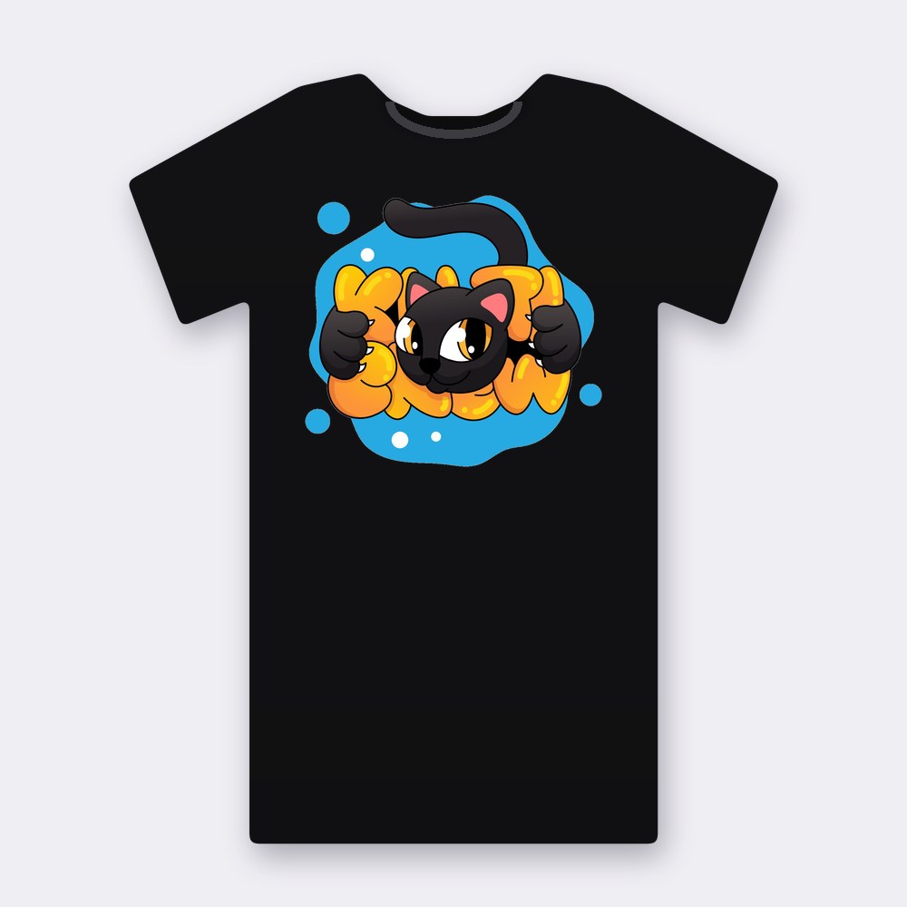 Black Cat Blue Splash T-shirt – black street art T-shirt
