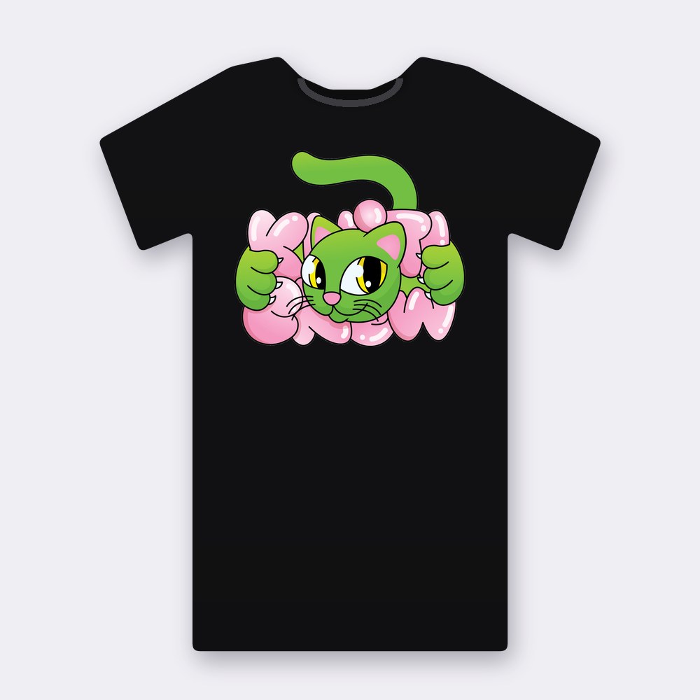 Green Bubble Cat T-shirt – black street art T-shirt