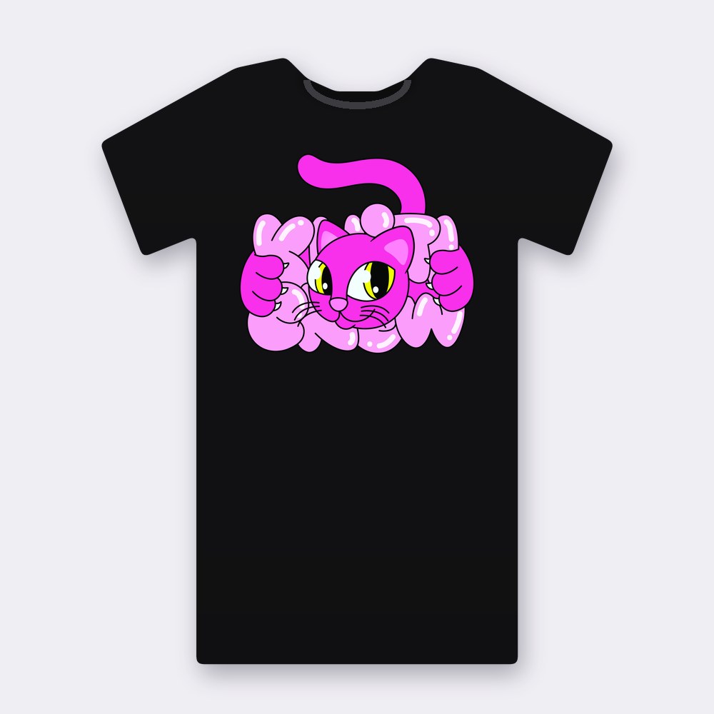 Hot Pink Bubble Cat T-shirt – black street art T-shirt