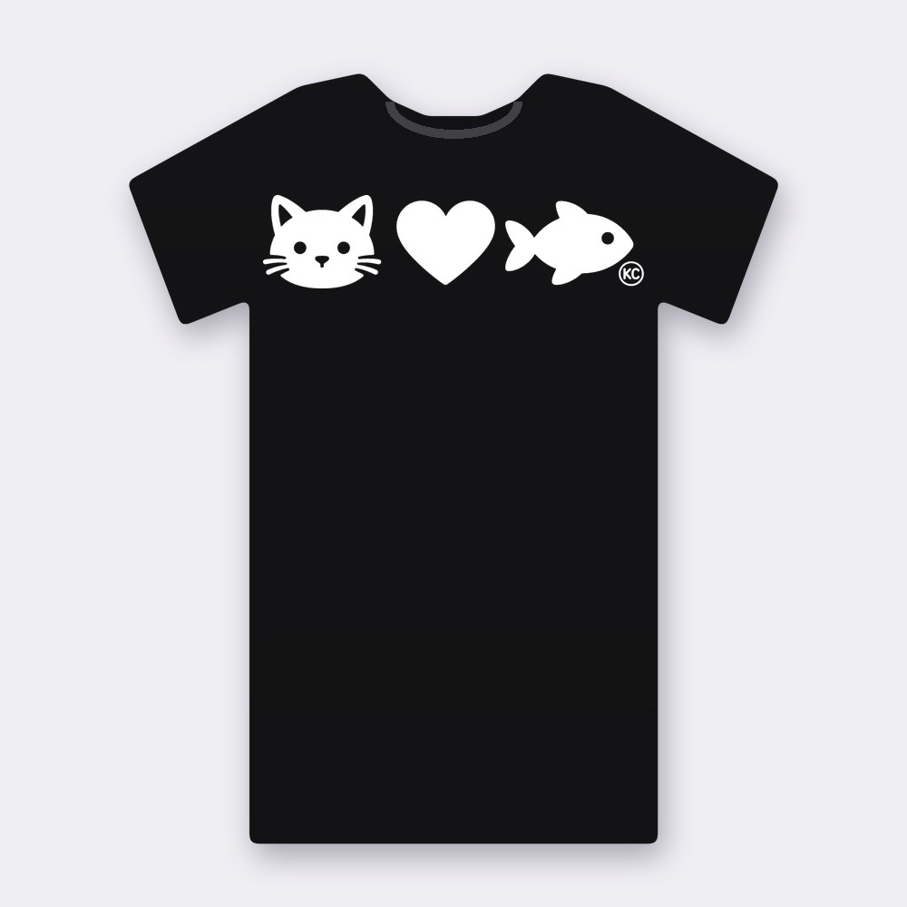 KC Cat Loves Fish T-shirt – black street art T-shirt
