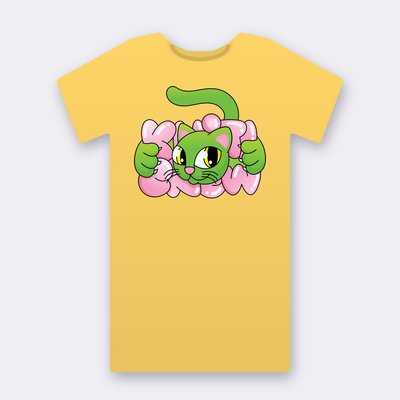 Green Bubble Cat – yellow Klitty Crew T-shirt
