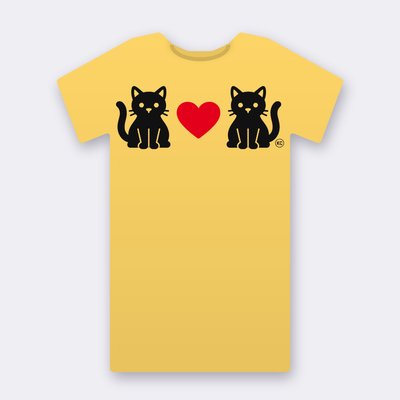 KC Two Cats Love – Red Heart – yellow Klitty Crew T-shirt