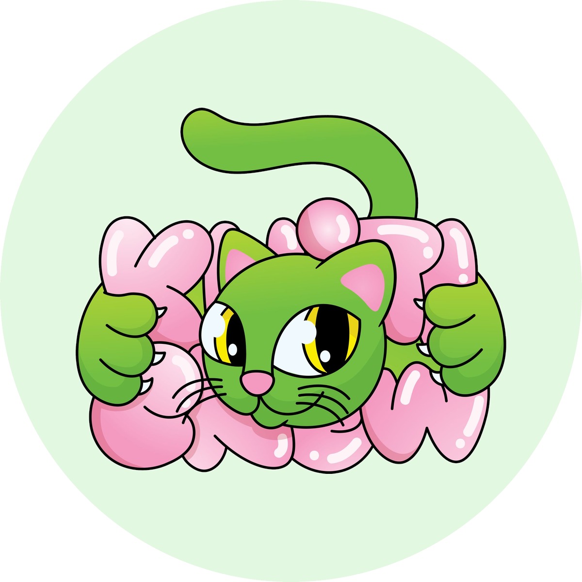 Green Bubble Cat sticker – round street art sticker