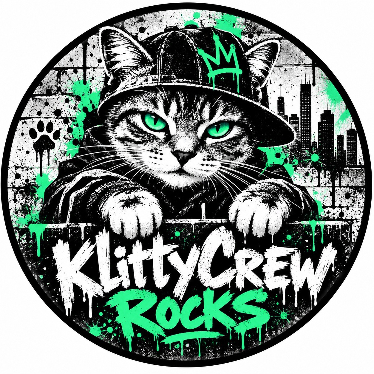 KlittyCrew graffiti cat sticker – Green Neon colour 1 – round street art sticker