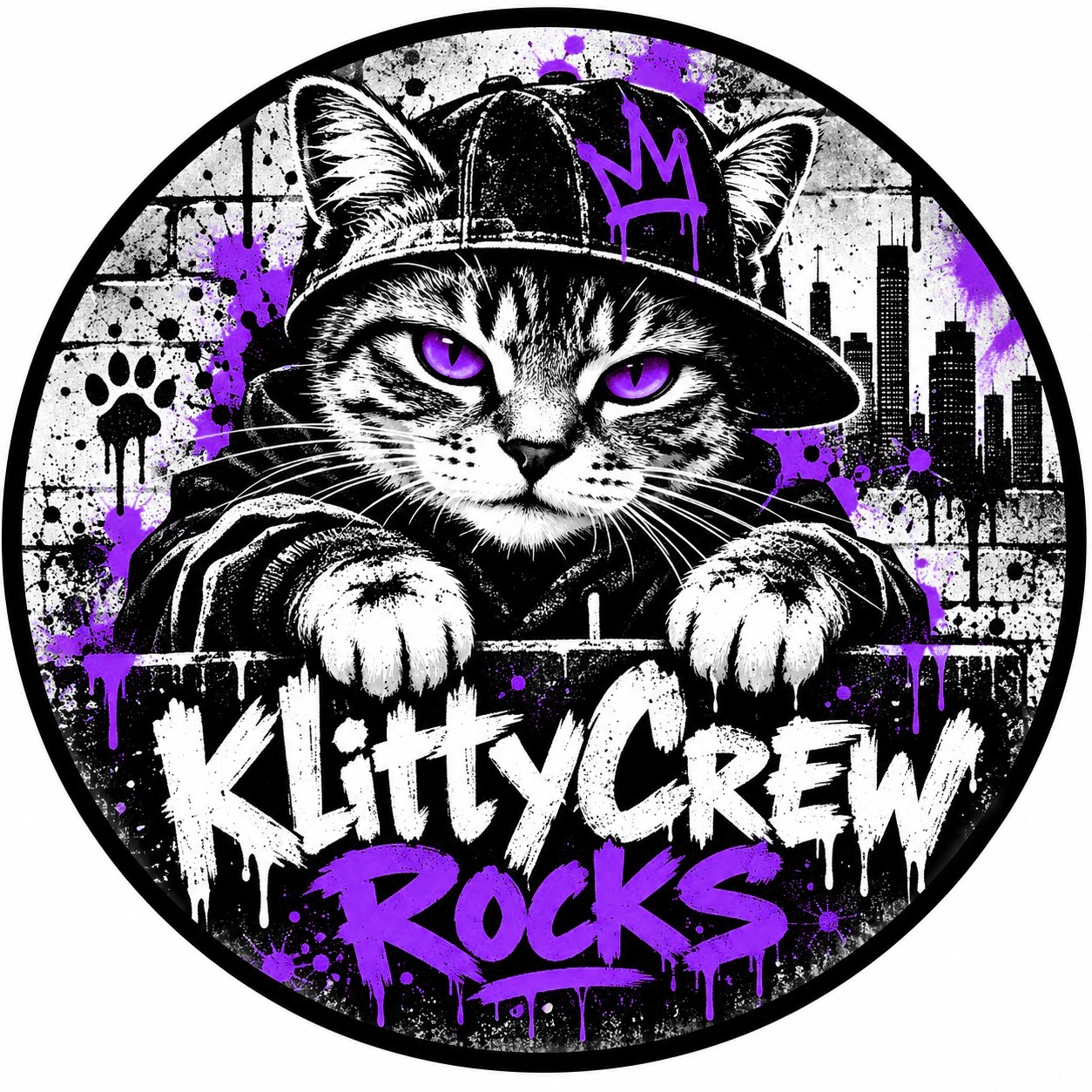 KlittyCrew graffiti cat sticker – Green Neon colour 3 – round street art sticker