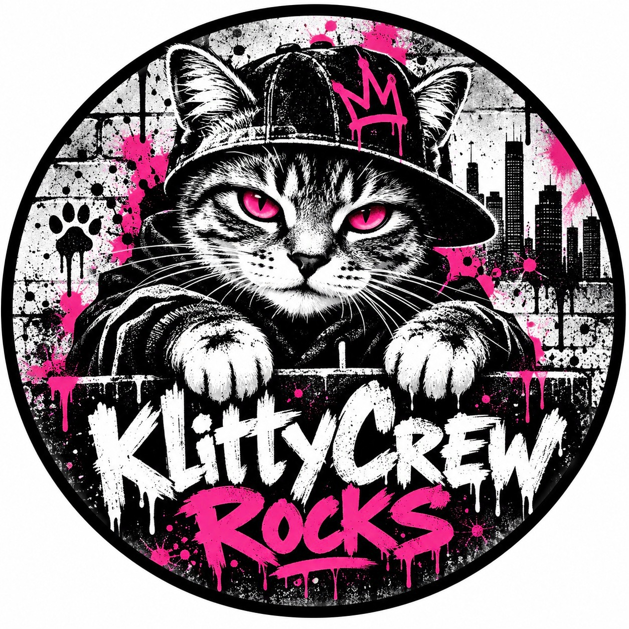 KlittyCrew graffiti cat sticker – Green Neon colour 4 – round street art sticker
