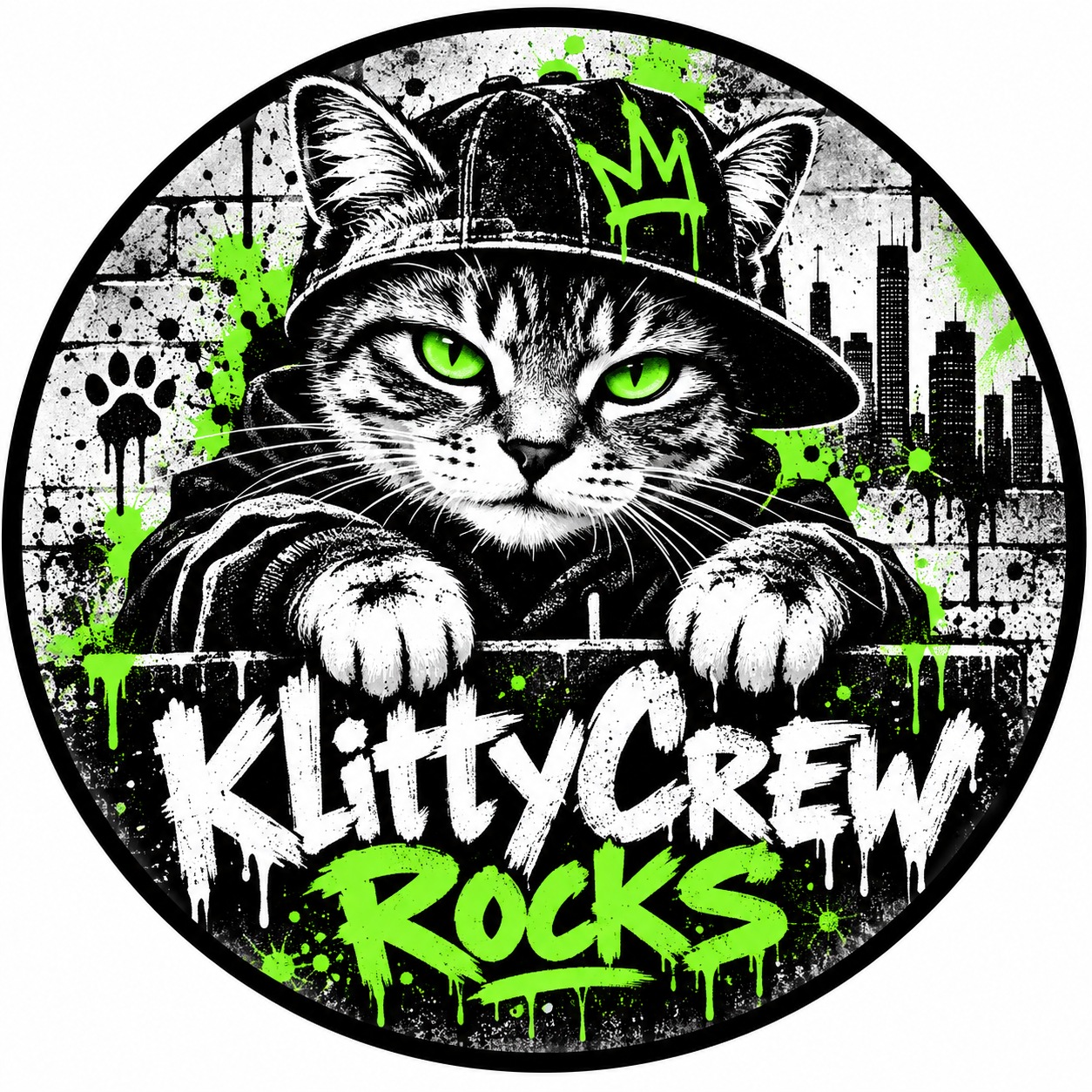 KlittyCrew graffiti cat sticker – Green Neon – round street art sticker