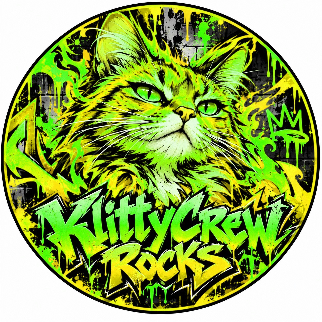 KlittyCrew graffiti cat sticker – Fire colour 1 – round street art sticker