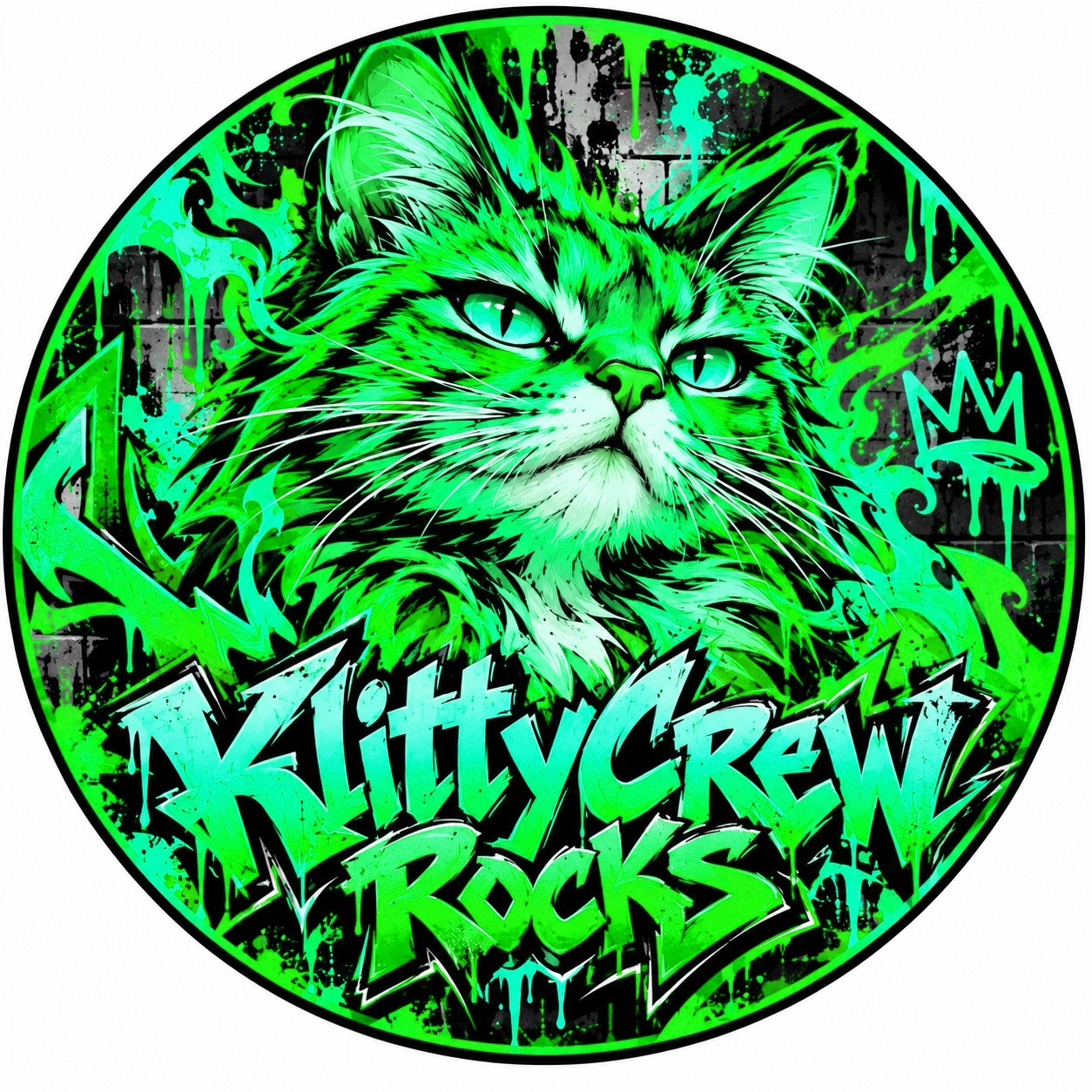 KlittyCrew graffiti cat sticker – Fire colour 2 – round street art sticker