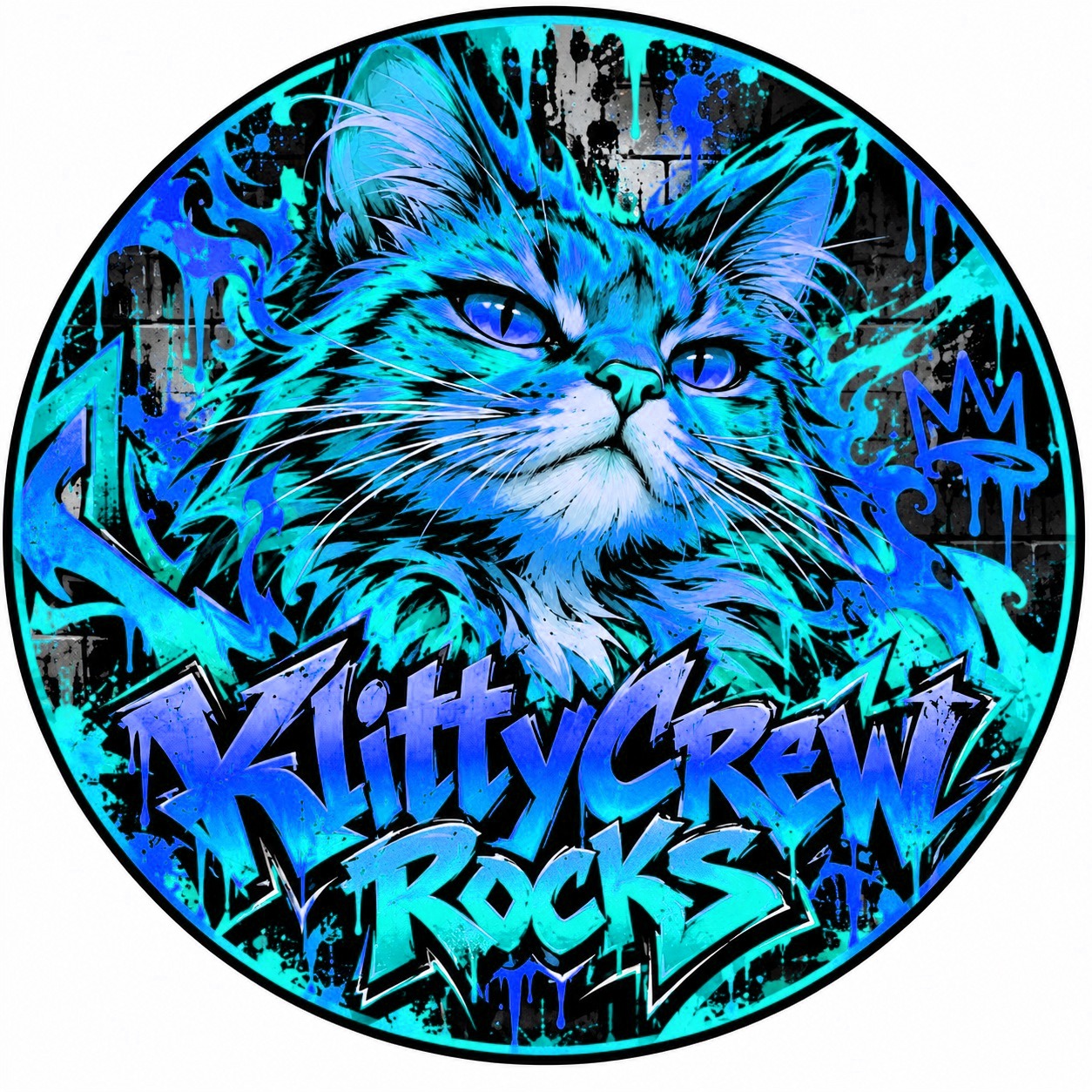 KlittyCrew graffiti cat sticker – Fire colour 3 – round street art sticker