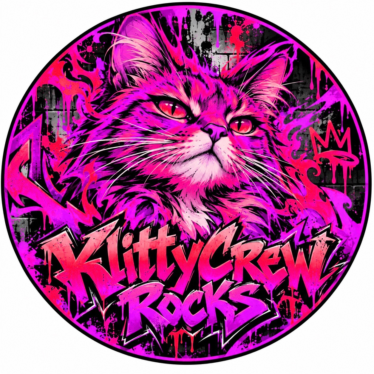 KlittyCrew graffiti cat sticker – Fire colour 5 – round street art sticker