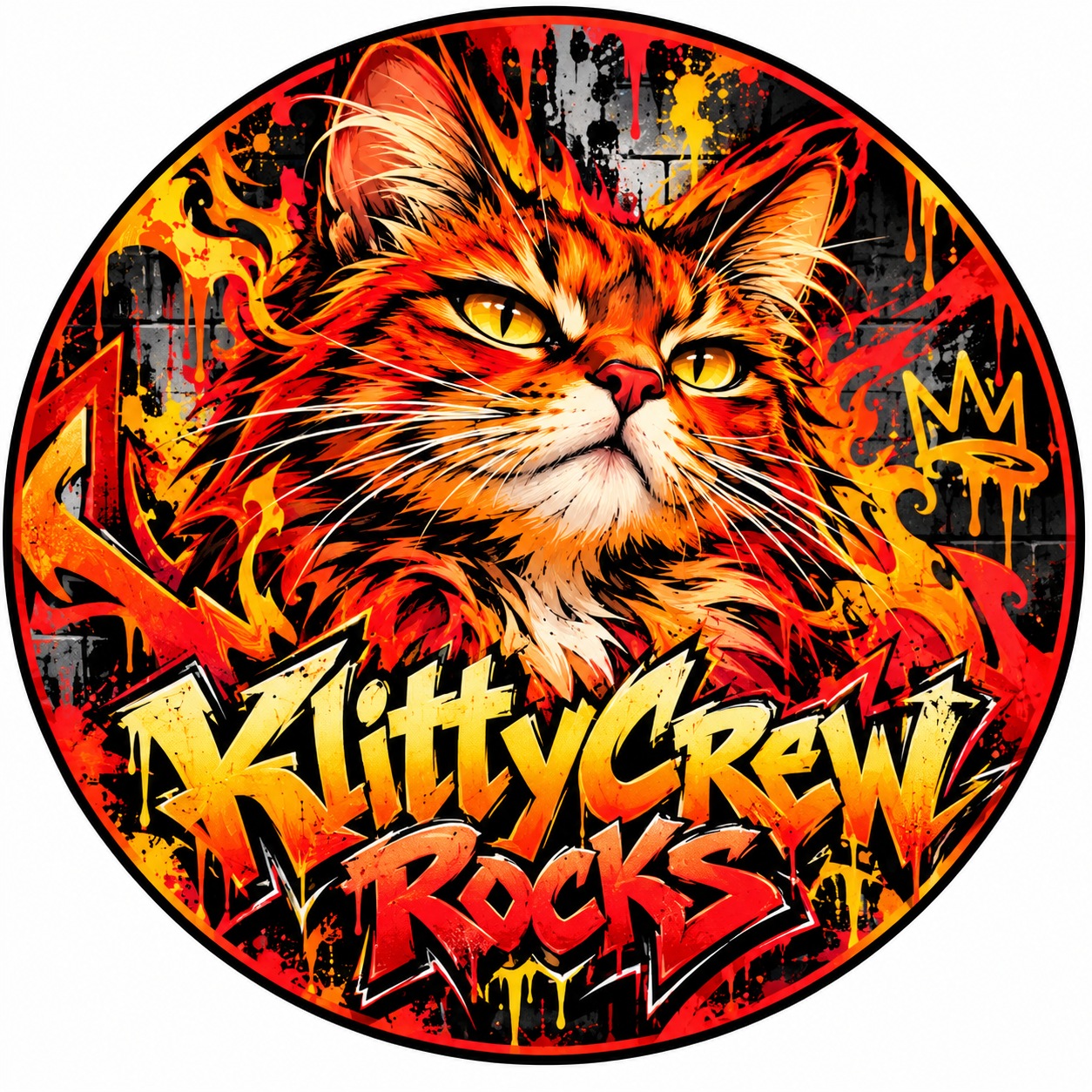 KlittyCrew graffiti cat sticker – Fire – round street art sticker