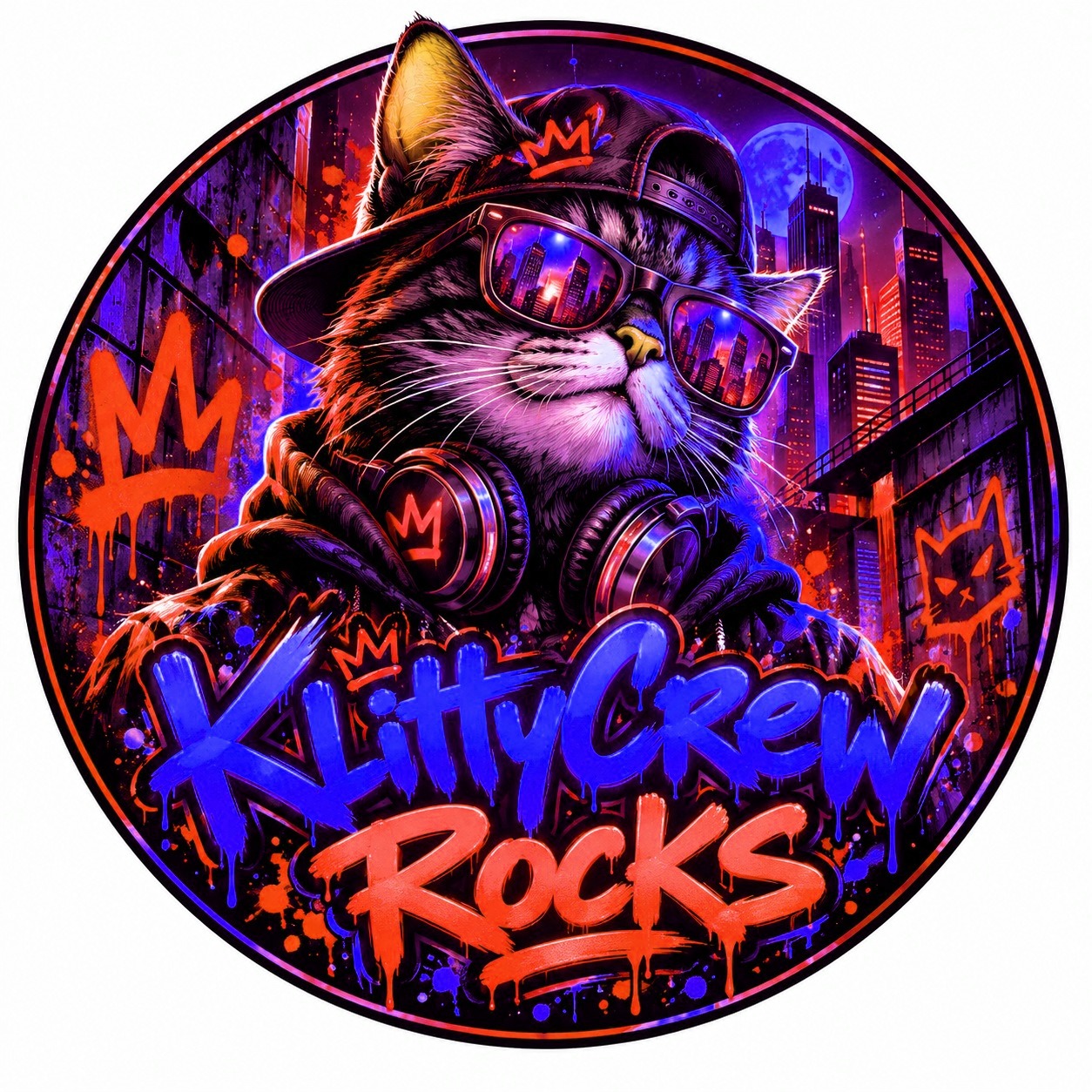 KlittyCrew graffiti cat sticker – Purple Night colour 1 – round street art sticker