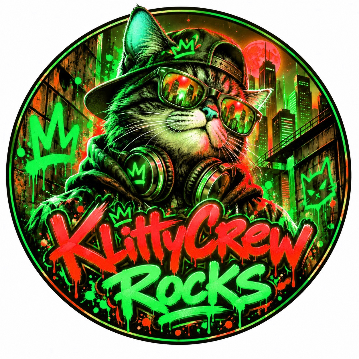 KlittyCrew graffiti cat sticker – Purple Night colour 3 – round street art sticker