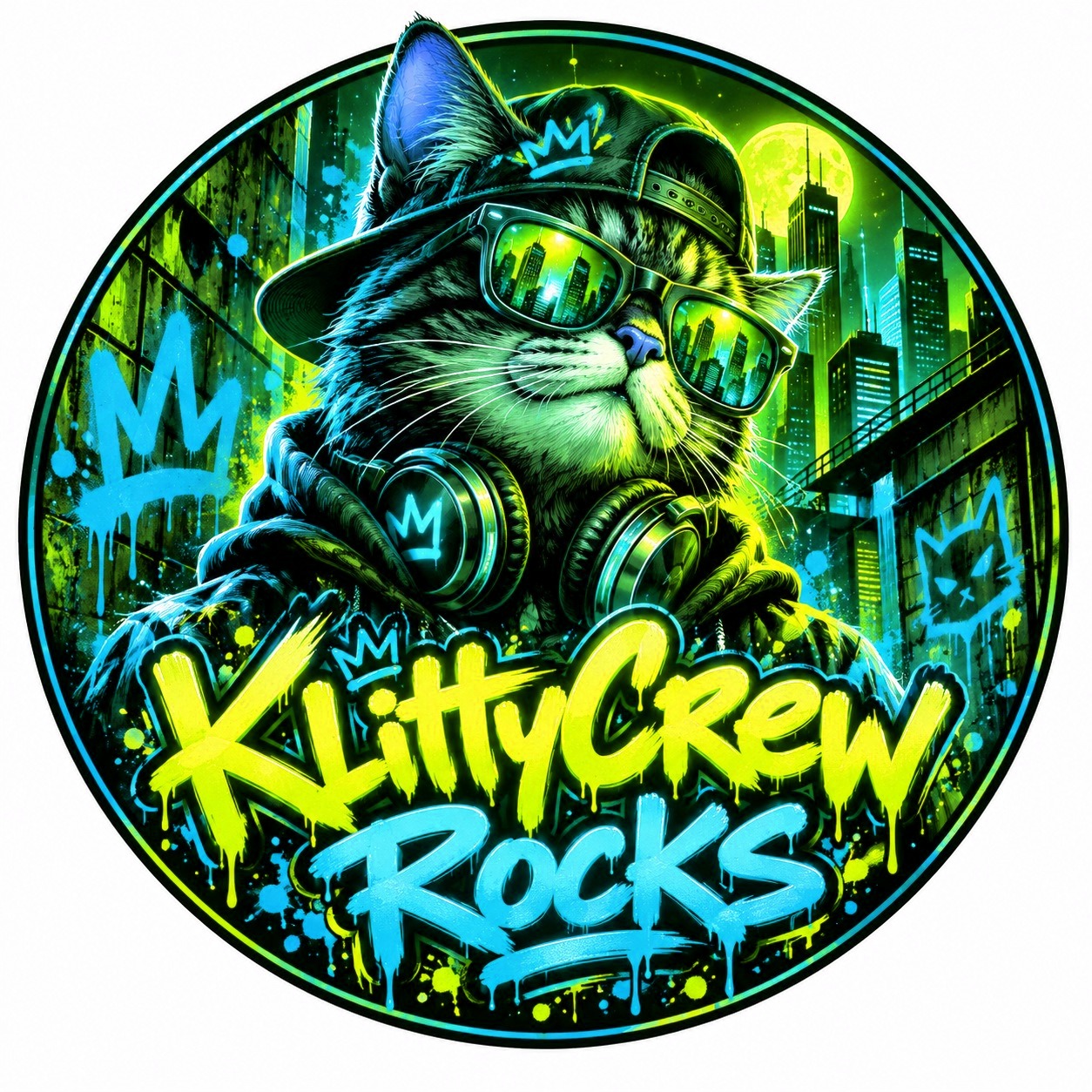 KlittyCrew graffiti cat sticker – Purple Night colour 4 – round street art sticker