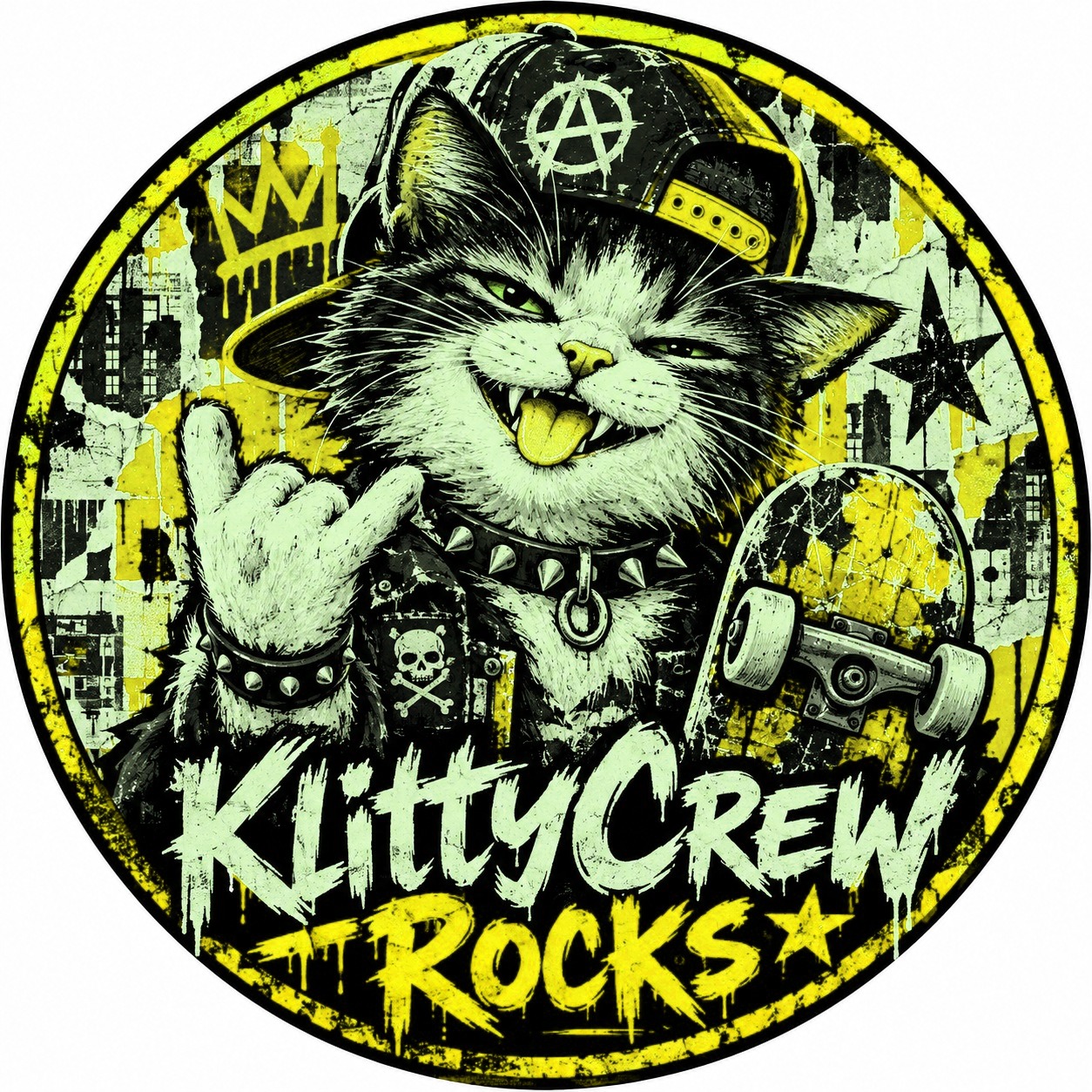 KlittyCrew graffiti cat sticker – Punk colour 1 – round street art sticker